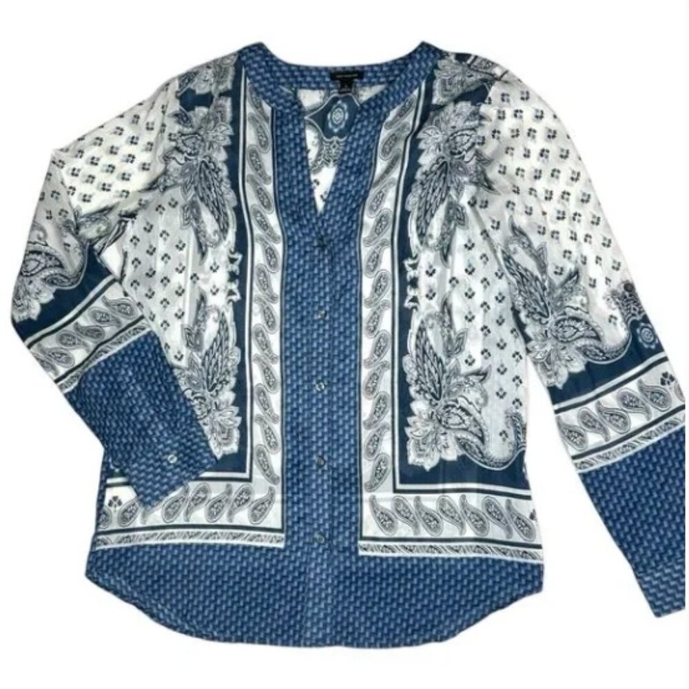 Ann Taylor Blue and White Paisley Print Button-Front Blouse